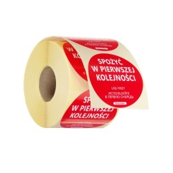 Daugkartinio naudojimo maisto saugos etiketė – „NAUDOKITE PIRMIAUSIA“, HENDI, Raudona, 500 vnt., ⌀50mm