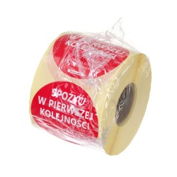 Daugkartinio naudojimo maisto saugos etiketė – „NAUDOKITE PIRMIAUSIA“, HENDI, Raudona, 500 vnt., ⌀50mm